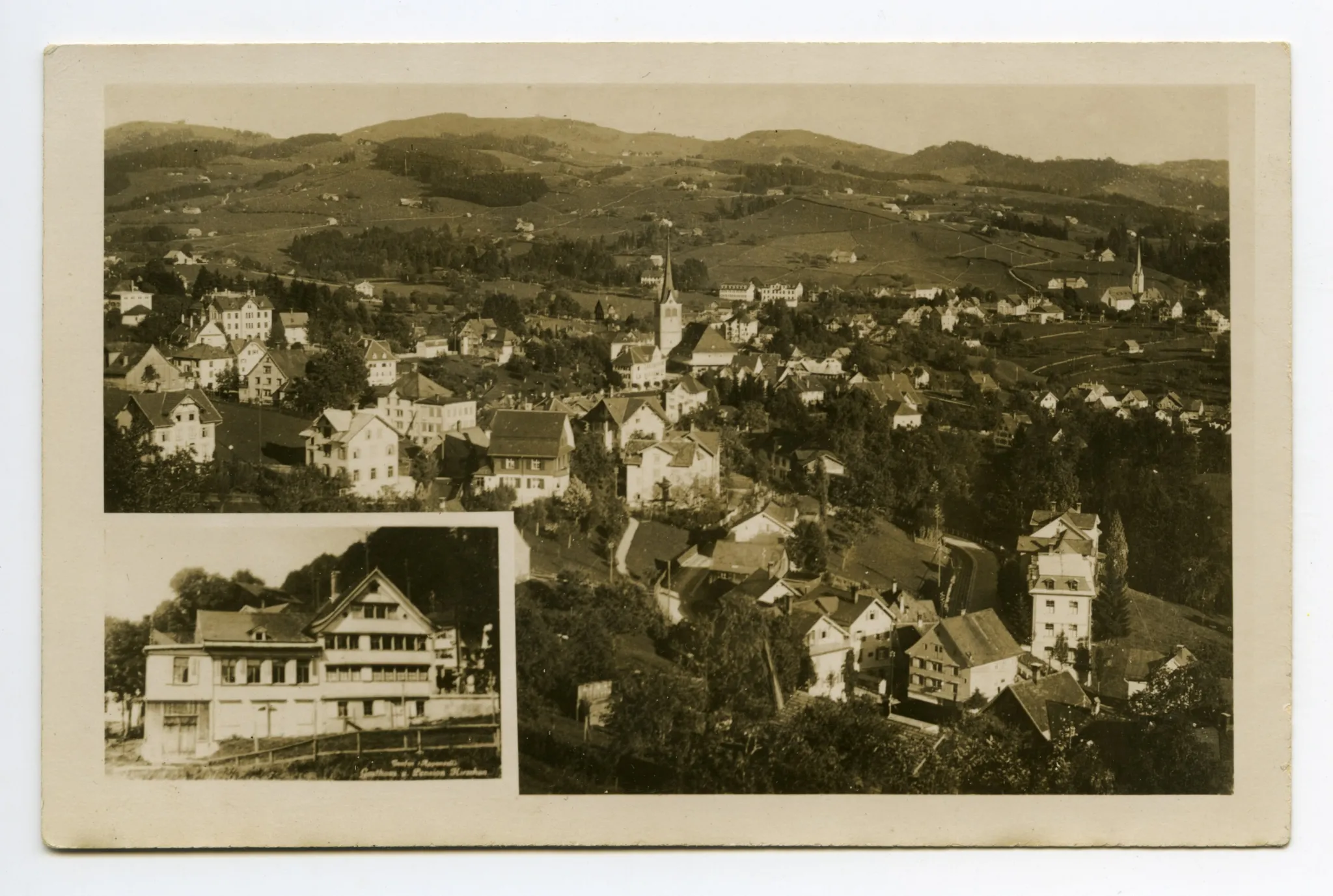 Karte 1: Gasthaus Pension Hirschen, Frontansicht vor der Verschiebung; Karte 2: Mehrbildkarte, klein: Frontansicht vor der Verschiebung, gross: Panoramaansicht auf Teufen vom Schlipf aus