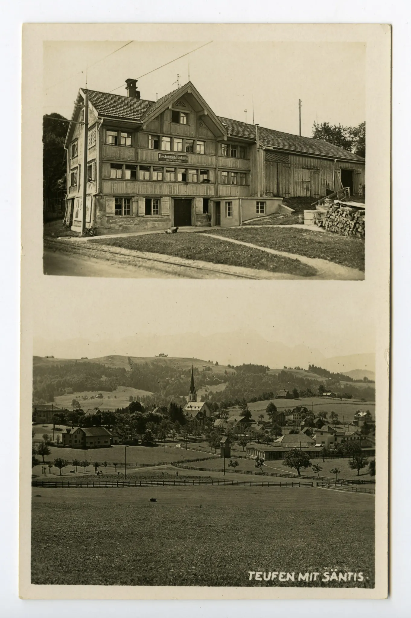 Doppelkarte: oben: Ansicht der Wirtschaft mit Bahnschiene, unten: Ansicht von Teufen aus Norden mit alter kath. Kirche und im Hintergrund Säntis, 2 Exemplare identisch