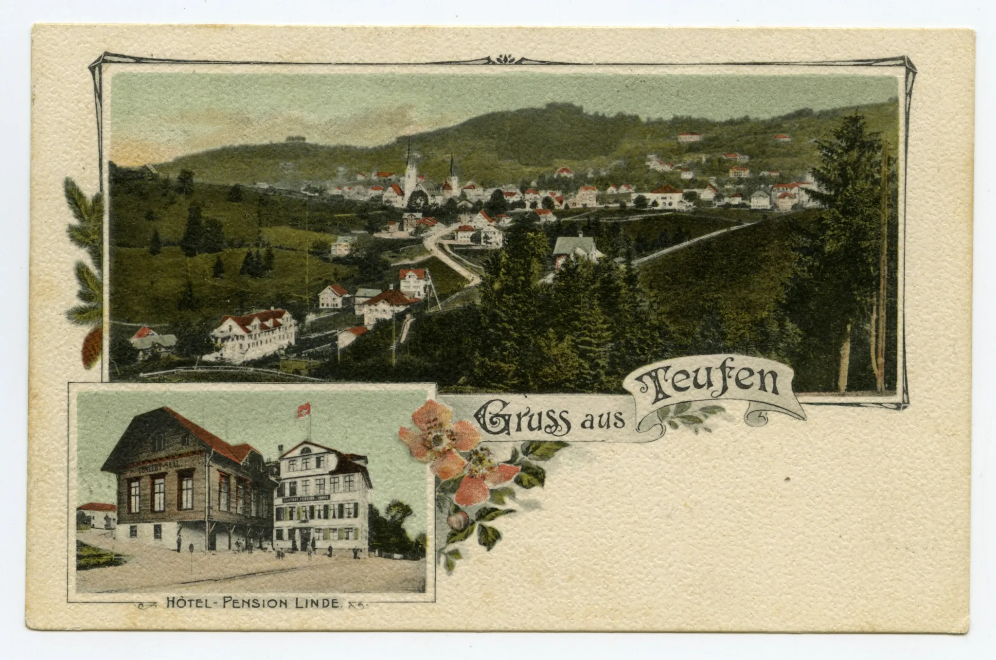 Grusskarte, Frontansicht aus Nordwest mit Konzertsaal, Ansicht aus Südosten auf Teufen mit alter kath. Kirche und evang. Kirche