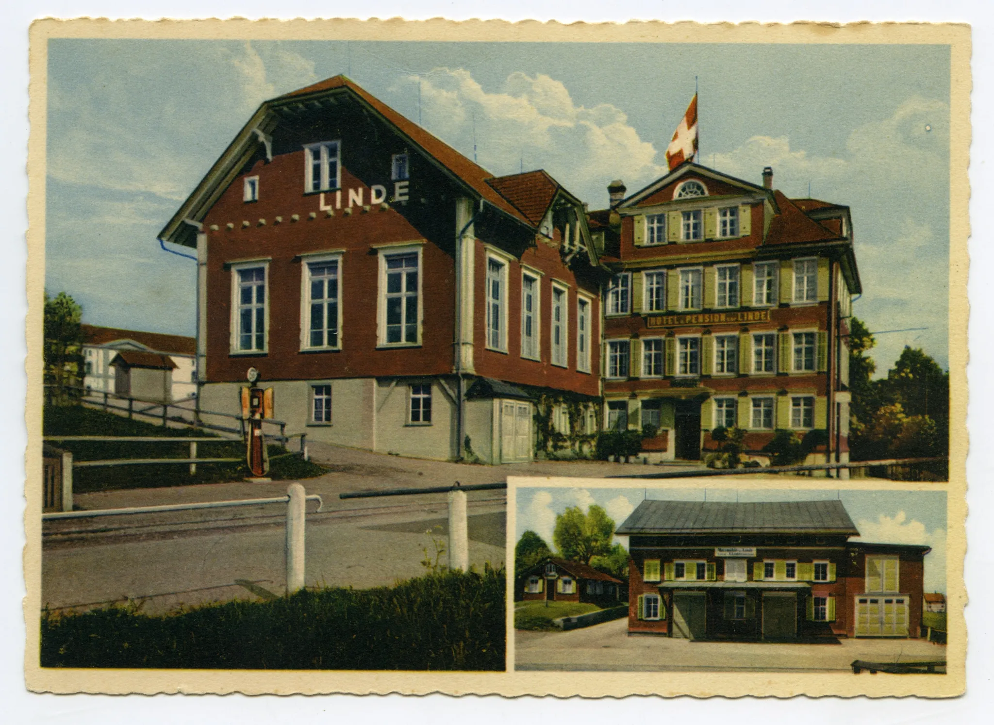 Doppelbildkarte, Ansicht aus Nordwesten von Hotel und Konzertsaal, Ansicht Bahnhaltestelle