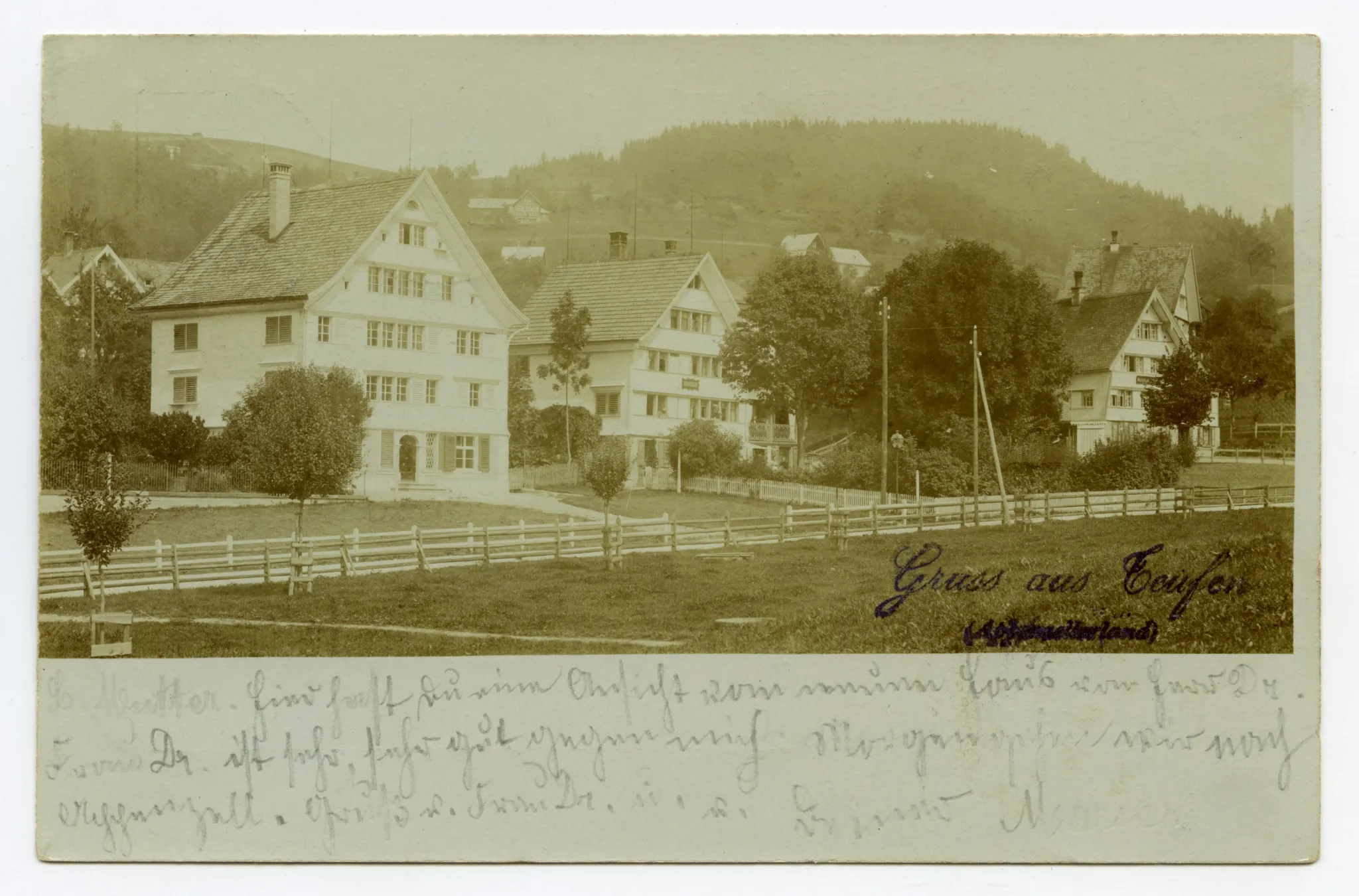 Grusskarte, Ansicht aus Südwest mit angrenzenden Häusern an der Speicherstrasse