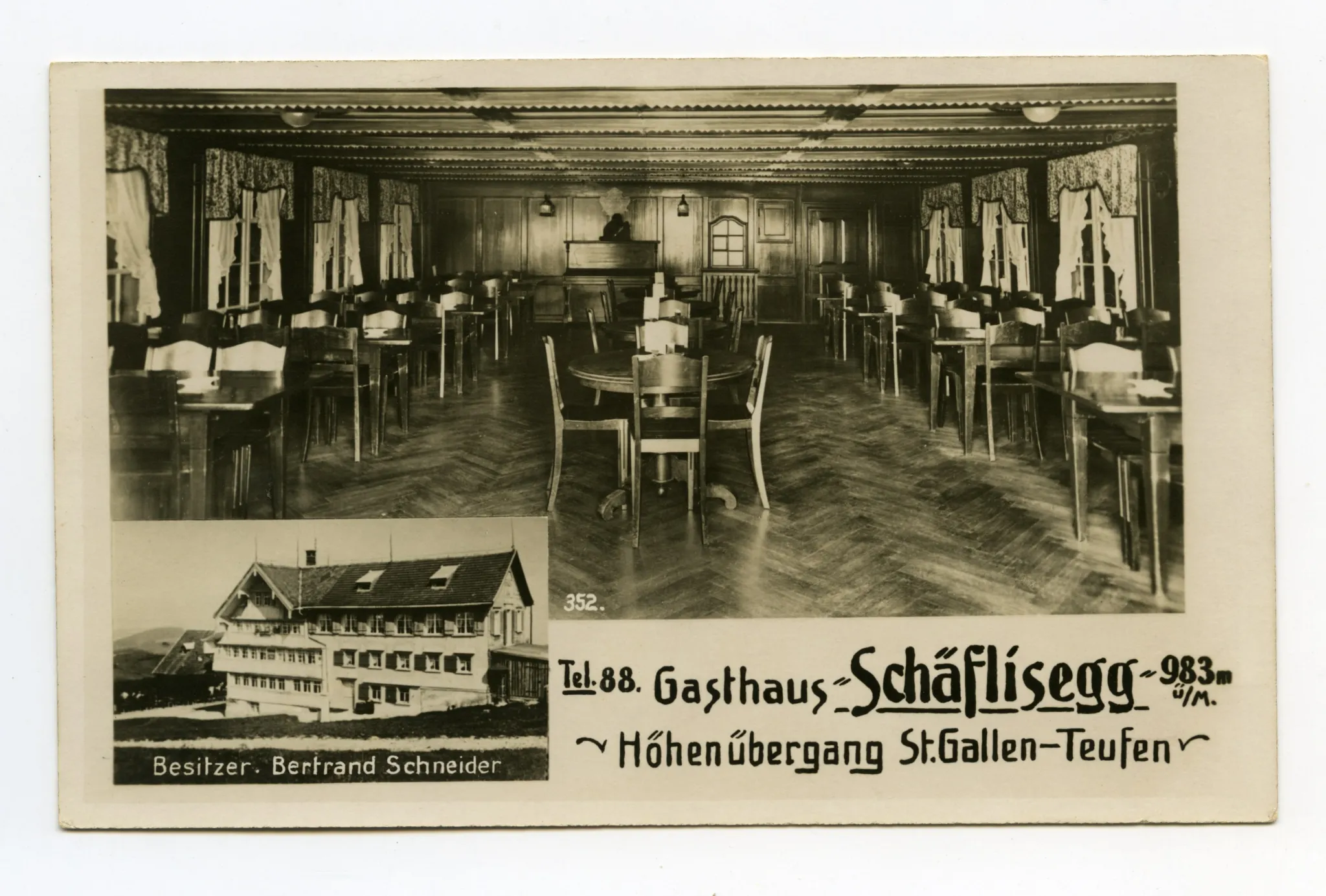 Doppelbildkarte, klein: seitl. Ansicht aus Südosten, gross: Innenansicht des grossen Speisesaals (vgl. Hc.08-33, Stempel 1927)