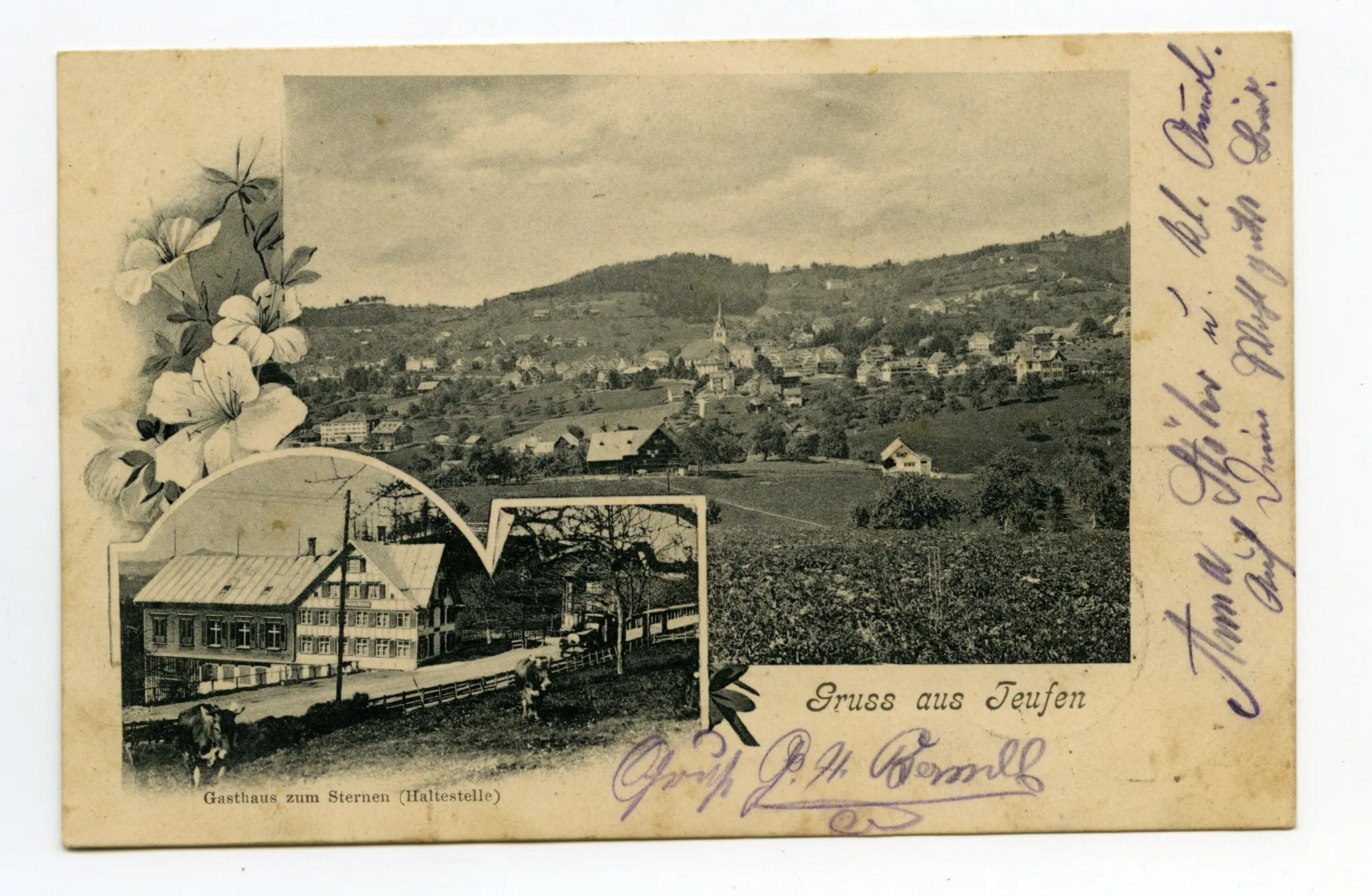 Grusskarte, klein: Gesamtansicht Gasthaus aus Nordosten mit Bahnschiene und fahrendem Zug, gross: Ansicht von Teufen aus Süden