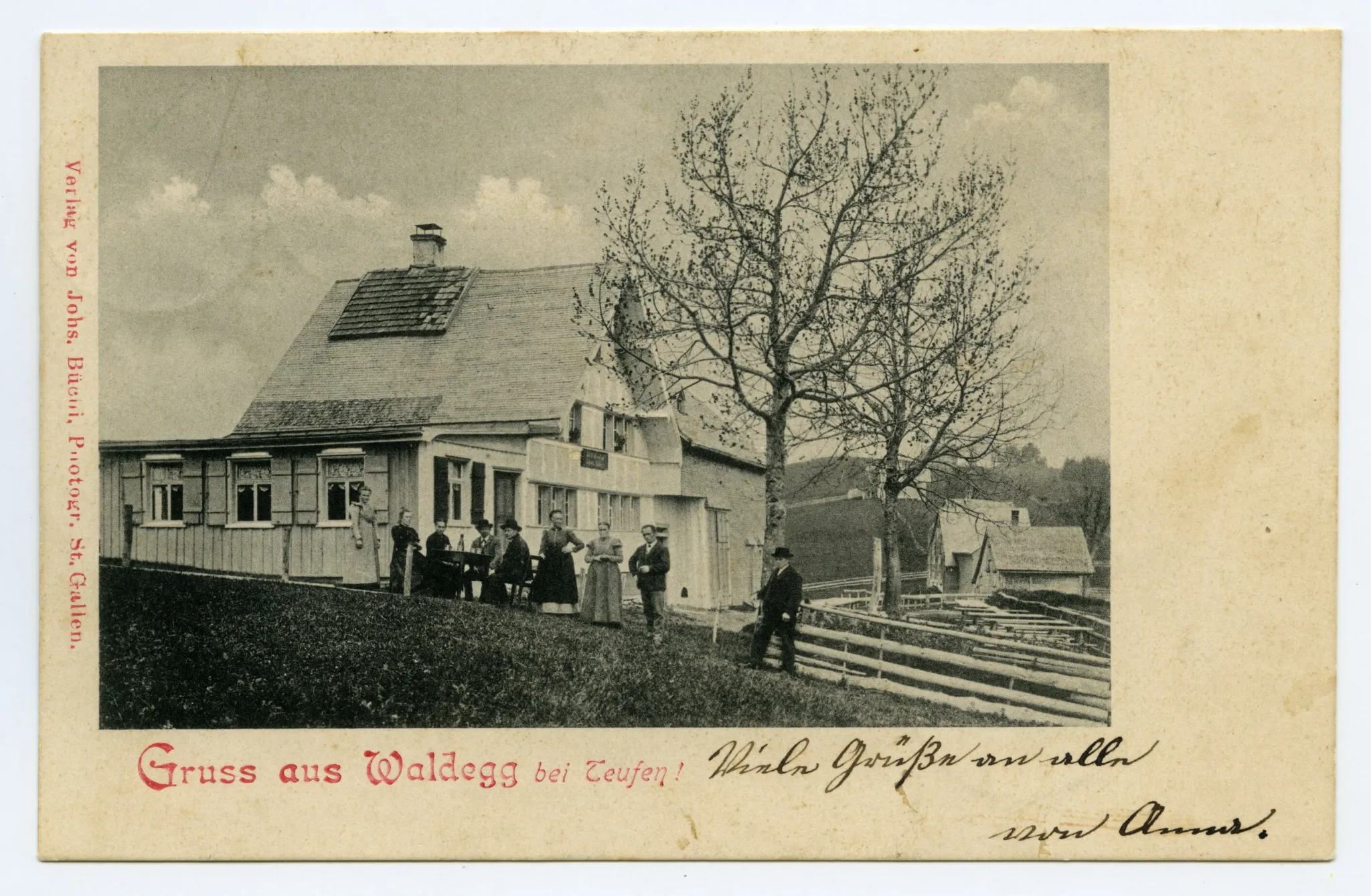 Grusskarte, Ansicht mit Gartensitzplatz und Personen