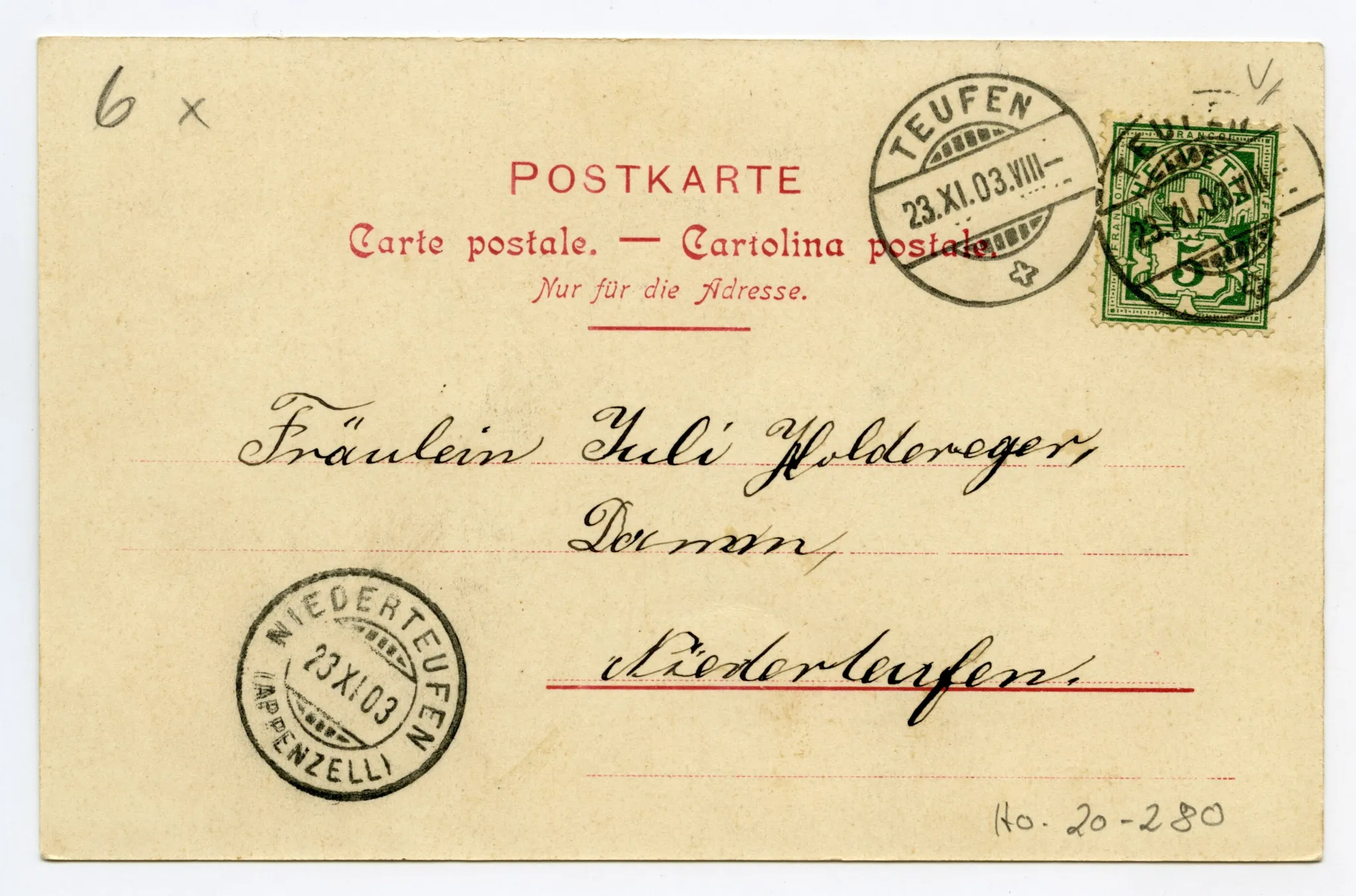 Grusskarte, Ansicht mit Gartensitzplatz und Personen