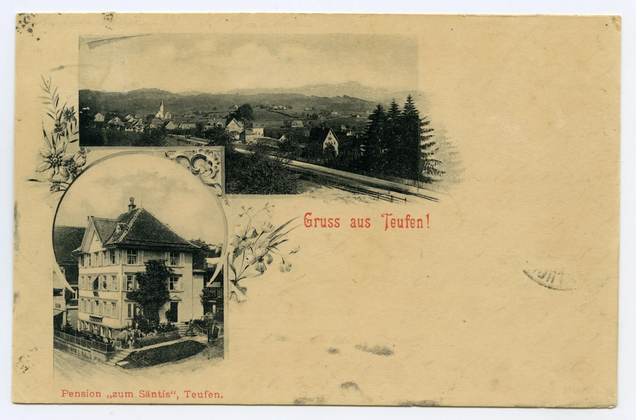 Grusskarte, klein: Ansicht Pension, gross: Blick auf Teufen von Pension aus Richtung alte kath. Kirche, Bahngleis sichtbar