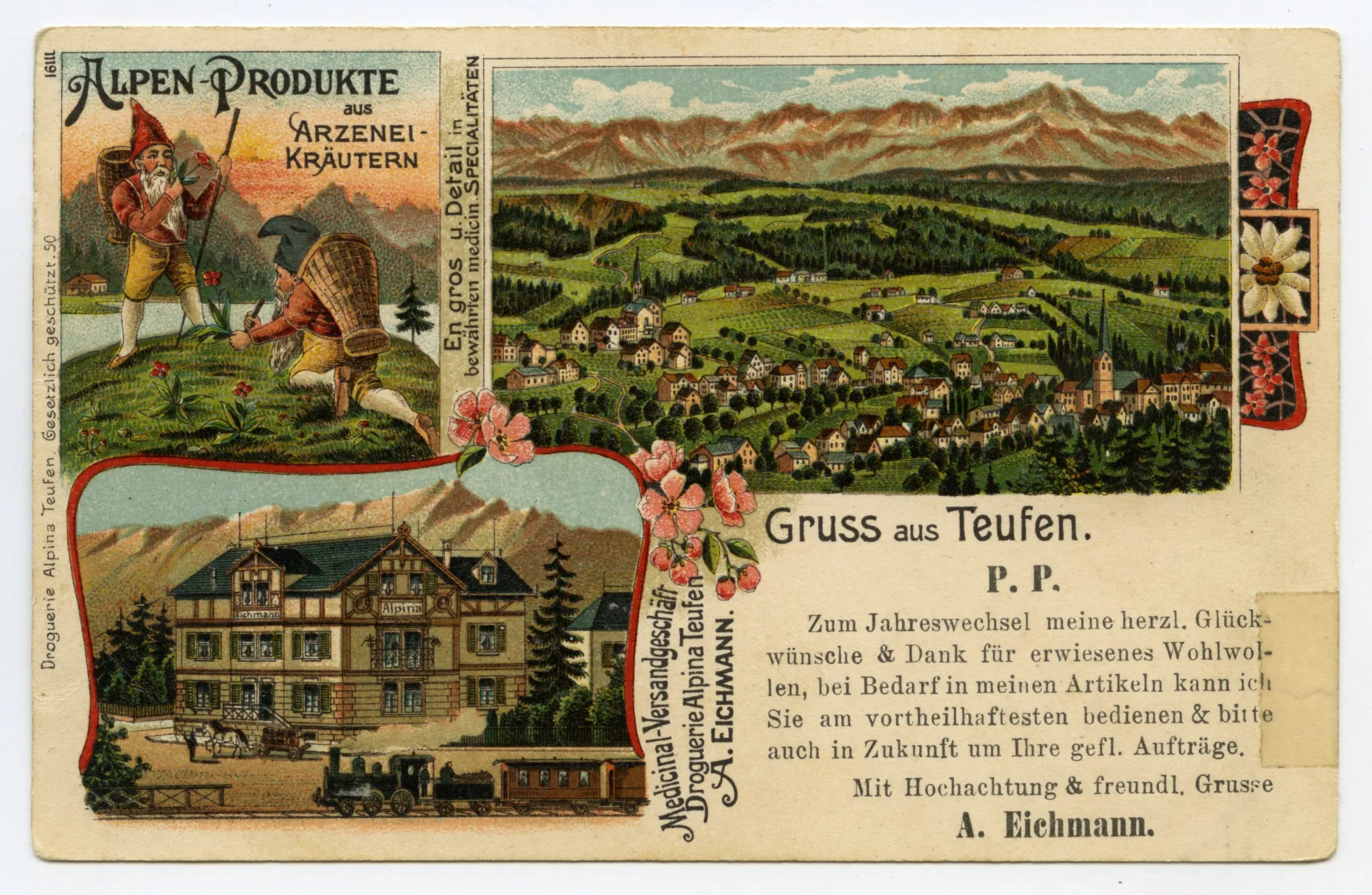 Grusskarte mit 3 Ansichten und Werbetext, Werbebild, Panoramabild Teufen aus Norden mit alter kath. Kirche und evang. Kirche, Drogerie mit fahrender Bahn