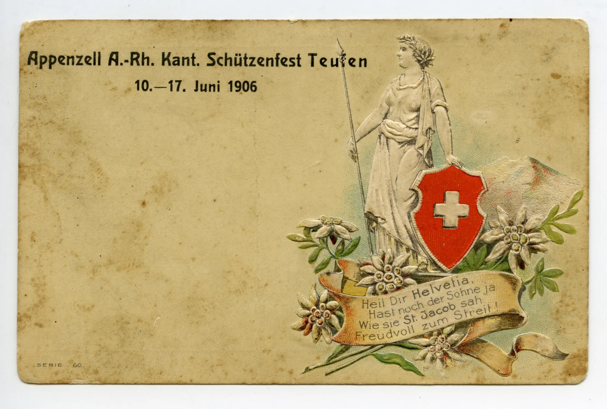 Festkarte mit Prägung/Relief, Helvetia und Edelweissen