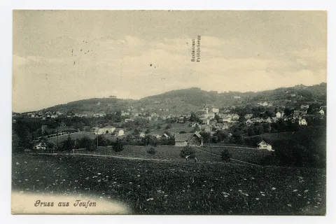 Vorne Haslenstrasse/Schönenbüel, mit Friedhof/Bächli, Krankenhaus Gremm, Bad Sonder, Fernblick. Blick zu Schwendibüel, Frölichsegg, Schäflisegg/ Hüslersegg