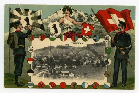 mit beiden Dorfkirchen. Im Vordergrund Sammelbüel. Blick zu Schwendibüel, Fernblick. Umrahmt von gemalter Szene mit zwei Soldaten mit Banner Appenzell resp. Schweiz, Helvetia vor Schneeberg mit Lorbeerkranz und beiden Wappen in den Händen. Kleines Foto (Teufen) umrahmt von 22 Kantonswappen (Graubünden re.oben – sic!)