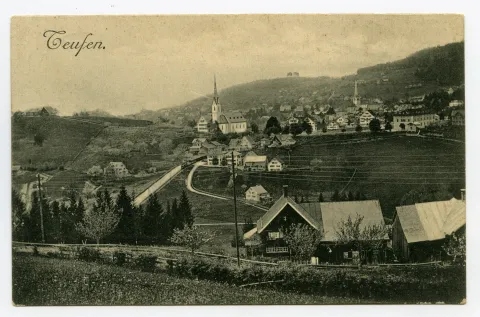 von Schlatterlehn (Bruggtobel?) aus, mit Sammelbüel, Komposition SGA (Dampf), alte Kath. Kirche, Zeughaus, Dorfzentrum bis Eggli, Blick zu Fernblick, Schwendibüel (vgl. Hc.16-07)