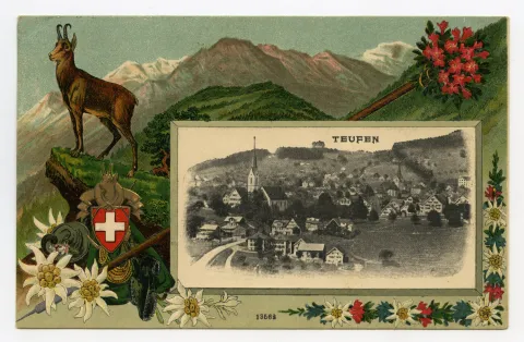 vorne Sammelbüel, alte Kath. Kirche, Blick zu Grubenmannkirche, Fernblick, Schwendibüel. Umrahmt von gemaltem Bergpanorama (col.) mit Gemse, Edenweiss, Alpenrosen, Wanderutensilien, CH-Wappen usw. (z.T. Reliefdruck)