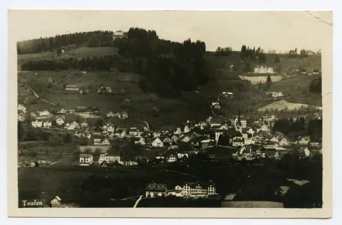 Vorne Waisenhaus Schönenbüel, Bächli, mit Bad Sonder und Fernblick. Blick zu Frölichsegg
