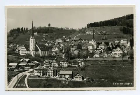 mit Sammelbüel, beiden Dorfkirchen, Fernblick. Blick zu Froher Aussicht (vgl. Hc.16-16)