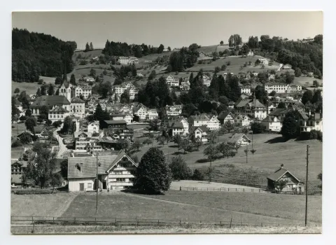 vom Schönenbüel, mit Bächli, Bahnhof/Krankenhaus, Bad Sonder. Blick zu Schäflisegg, Hüslersegg