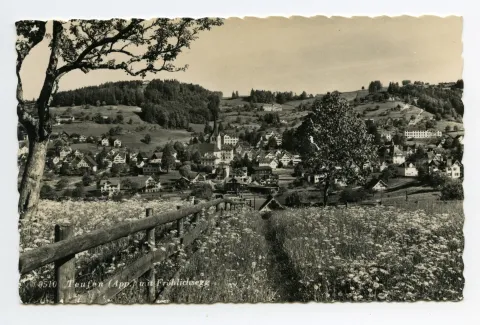 vom Schönenbüel, mit Bächli, Bahnhof/Krankenhaus, Bad Sonder, Fernblick. Blick zu Frölichsegg, Schäflisegg, Hüslersegg