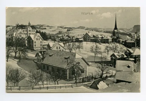 vorne alte Turnhalle, mit Hörlischulhaus und alter Kath. Kirche. Blick zum Gäbris (vgl. Hc.18-08)