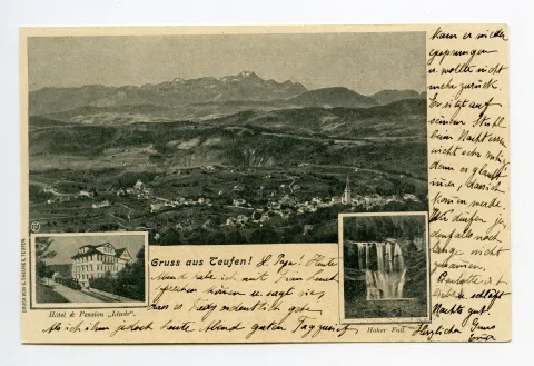Von links oben im Uhrzeigersinn: mit beiden Dorfkirchen (Turmspitze kath. Kirche fehlt!), Alpstein; Höch Fall; Hotel Linde, mit SGA-Dampfkomposition (grosses Bild: vgl. Hc.17-02 / 17-03 = beide mit Turm kath. Kirche!)