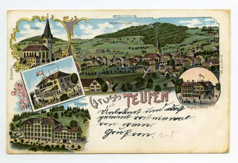Von links oben im Uhrzeigersinn: Grubenmannkirche; Dorfzentrum von Südosten; Gasthof Hecht; Bad Sonder; Gasthaus Frölichsegg (col.)