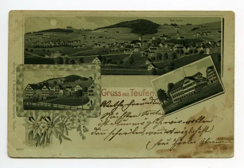 mit Bad Sonder, von links oben im Uhrzeigersinn: Dorfansicht von Südosten, mit Bad Sonder; Hotel Hecht, Pension Meier, verziert mit Edelweiss u.a. Blumen (vgl. Hc.13-03)
