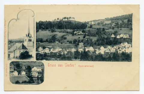 Von links oben im Uhrzeigersinn: Grubenmannkirche von Osten; Dorfquartier von Süden (Stofel und Frohe Aussicht?); Dorfszene mit acht Häusern (wo??)