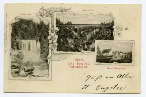 Von links oben im Uhrzeigersinn: Sitterbrücke; Kloster Wonnenstein; Höch Fall; umrahmt mit Blumen