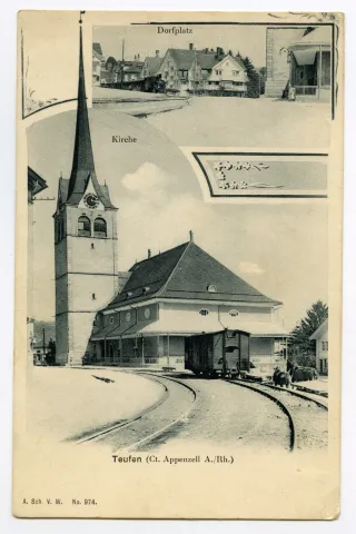 Von links oben im Uhrzeigersinn: Dorfplatz von Westen mit Grubenmannkirche und Bahngeleisen vor altem Bahnhof, mit Güterwagen und Pferdefuhrwerk; SGA-Dampfzug Einfahrt in Dorfplatz von Dorfstrasse, Portal Evang. Dorfkirche; kleinere Verzierungen