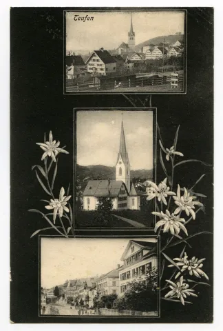 Von oben nach unten: Dorfzentrum von Osten; alte Kath. Kirche; Hauptstrasse zwischen Schützengarten und Abzweigung Unterrainstrasse, im Vordergrund posieren Kinder; umrahmt von Edelweiss-Ranken, alles auf schwarzem Untergrund (vgl. Ho.06-024, untere beiden Fotos sind identisch)