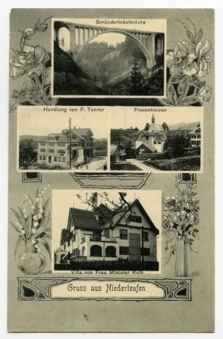 Von oben nach unten: Gmündertobelbrücke; Handlung von F. Tanner, Niederteufen; Kloster Wonnenstein; Villa „büel“ von Frau Minister Roth; verziert mit Blumen in Vasen und als Ranken (vgl. Hc.13-10)