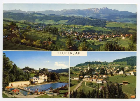 Von links oben im Uhrzeigersinn: Dorfansicht von Norden, beide Dorfkirchen, Alpstein; Dorfansicht von Südosten, vorne Sammelbüel/Zeughaus, beide Dorfkirchen; Schwimmbad (vgl. Hc.13-08)