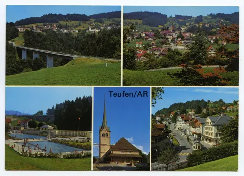 Von links oben im Uhrzeigersinn: Leuenbachbrücke (Umfahrungsstrasse), mit Kirche Stofel und Eggli; Dorfzentrum von Süden; Dorfstrasse bei Schützengarten und Drogerie Wetzel, mit SGA-Komposition (grün-weiss); Grubenmannkirche von Westen; Schwimmbad mit Neubrücke (vgl. Hc.13-07)