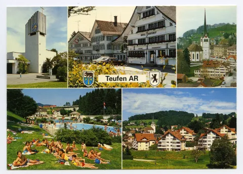 Von links oben im Uhrzeigersinn: Kath. Kirche Stofel; Ausschnitt Dorfplatz (Hotel Bahnhof, Brillenhaus, Ilge); Dorfzentrum von Ost-Südosten: Grubenmannkirche, echt; Grünauquartier mit Dorfkirche; Schwimmbad mit Neubrücke und SGA/AB-Komposition