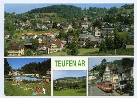 Von links oben im Uhrzeigersinn: Dorfzentrum von Süden; Dorfstrasse bei Hotel Ochsen, mit SGA/AB-Komposition (rot-weiss), Leuenbachbrücke (Umfahrung), Blick zu Stofel/Eggli; Schwimmbad mit neuer Neubrücke