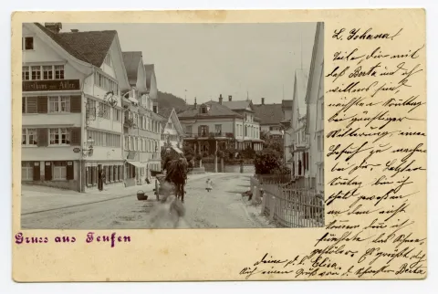 von „Adler“ bis Villa Roth. Mit posierenden Kindern, eines verschwommen, Pferdefuhrwerk (Einspänner)