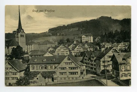 mit Hechtstrasse, Hotel Hecht, Grubenmannkirche, Hörli-Schulhaus. Blick zu Frölichsegg und Fernblick