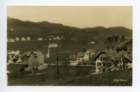 Weberei Schläpfer (z.T.), Blick zur Lortanne, Eggen-Höhenweg