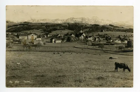 mit Kuhweide im Vordergrund, Weberei Schläpfer, Blick zu Lindenhügel, Zeughaus, Alter Kath. Kirche, Alpstein