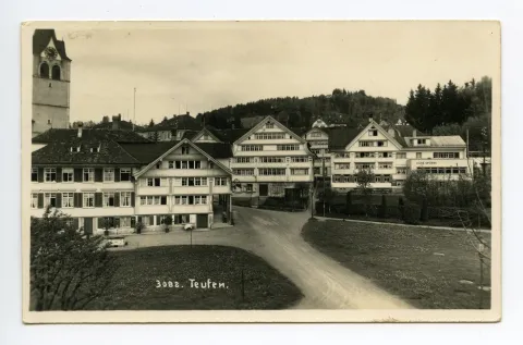 Hechtstrasse, „Hecht“, Kornhändlerhaus, Café Spörri, Turm der Grubenmannkirche (angeschnitten)