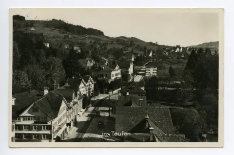 (Blick vom Kirchturm), mit „Adler“, Villa Roth, Blick zur Speicherstrasse, Lortanne (vgl. Hc.20-08)