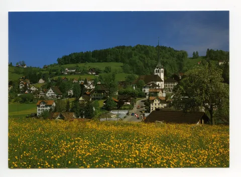 vom Schönenbüel aus gesehen, vorne: Wiese mit Löwenzahn/Hahnenfuss, mit Grubenmannkirche. Blick zu Bad Sonder (z.T.), Frölichsegg, Fernblick, Frohe Aussicht