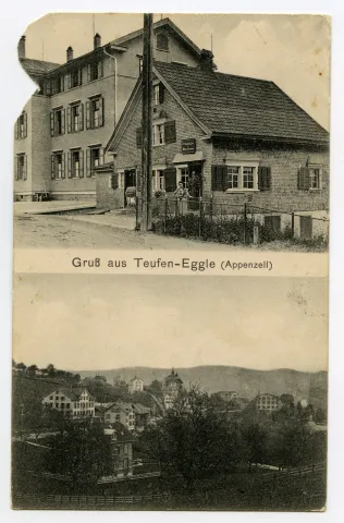 oben: „Handlung von Müller-Baumann“ mit zwei posierenden Frauen, und Nachbarhaus (obere linke Ecke angeschnitten); unten: Ansicht Eggli, von Westen gesehen