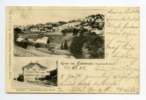 Zwei-Bild-Karte, oben Niederteufen, mit Steinbruch Haag. Unten: Gasthaus z. Rössli, mit Dampfzug Appenzeller Strassenbahn