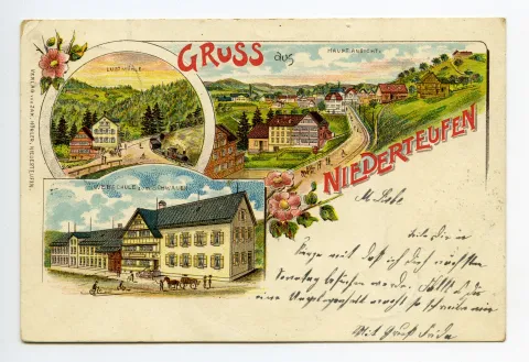 Mehrbildkarte, Niederteufen-Haag (Hauptbild), Lustmühle, Webschule Schwanen. Mit Blumen(-ranken) verziert (vgl. Hc.13-09)