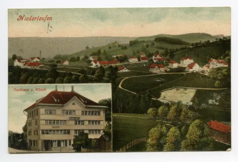 Mehrbildkarte, Hauptbild: Niederteufen, Haag, mit Steinbruch, Blick nach Nordwesten.; Kleines Bild: Gasthaus „zum Rössli“