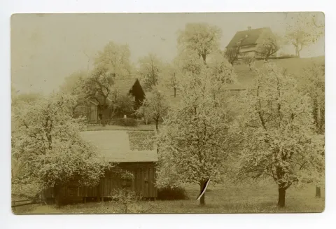 ländliche Szenerie mit Bauernhaus, Schopf und blühenden Obstbäumen (handschr. Vermerk WH: „Au-Küche Niederteufen 1930“)