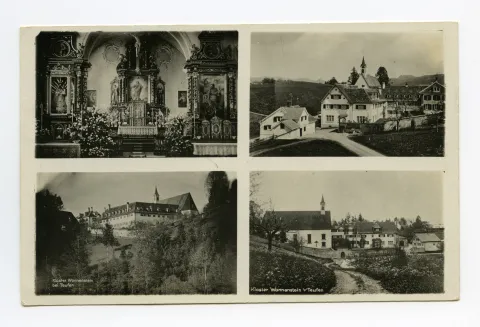 1. Innenansicht Klosterkirche – Chorraum; 2. Ansicht von Westen; 3. Ansicht von Süden; 4. Ansicht von Nordosten