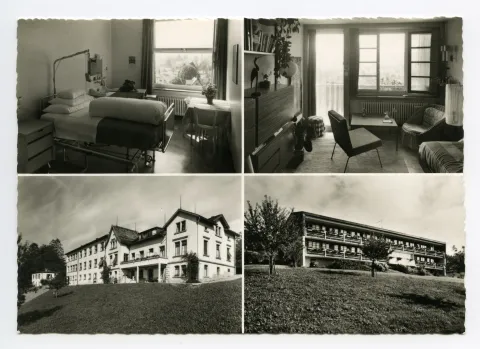 Mehrbildaufnahme, 1. Spitalzimmer - Innenansicht, 2. Schwesternzimmer – Innenansicht, 3. Krankenhaus mit Anbau – Ansicht aus Südwesten, 4. Schwesternhaus – Ansicht aus Süden; (Karte schon vorhanden: Hc.07-04)