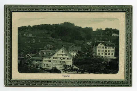 Karte mit Ornamentrand, Ansicht mit Methodistischer Kirche und Bad Sonder