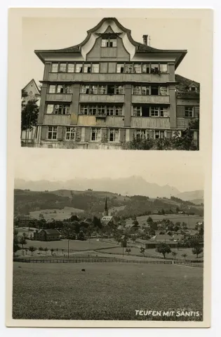 Karte mit zwei Ansichten: oben:  Privathaus, Gremmstrasse 12; unten: Ansicht von Teufen mit alter katholischer Kirche aus Nordosten, mit Säntis im Hintergrund