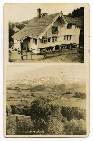 Karte 1: Karte mit zwei Ansichten: oben: Haus Kohlgaden unten: Blick auf Säntis von Nordwest; Karte 2: Ansicht mit weiteren Häusern im Hintergrund
